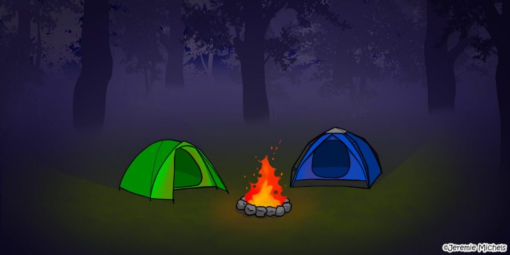 Interaktive Geschichte Es lauert im Wald Zeichnung von Jeremie Michels. Das Bild zeigt zwei Campingzelte, die um ein brennendes Lagerfeuer stehen. Im Hintergrund ist ein düsterer Wald zu sehen.