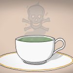 Die Legende von Lavinia Fisher Zeichnung von Jeremie Michels. Das Bild zeigt eine weiße Teetasse auf einem Unterteller mit Goldrand. Aus der grünen Flüssigkeit in der Tasse steigt eine Dampfwolke auf, die einen Totenkopf bildet.
